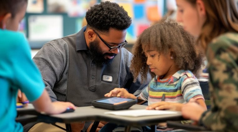 A teacher assists a student with a learning disability using an adaptive communication device in an inclusive classroom. Students of different abilities work together in a supportive and collaborative